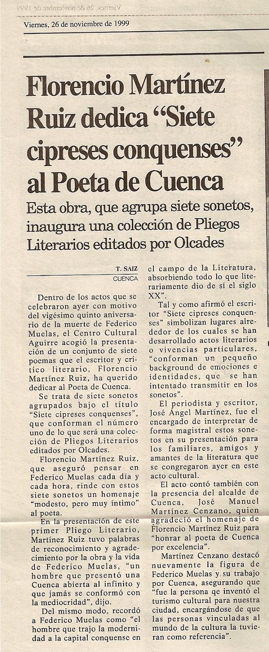 Florencio Martínez Ruiz recordó con un poemario a Federico Muelas en el XXV aniversario de su muerte