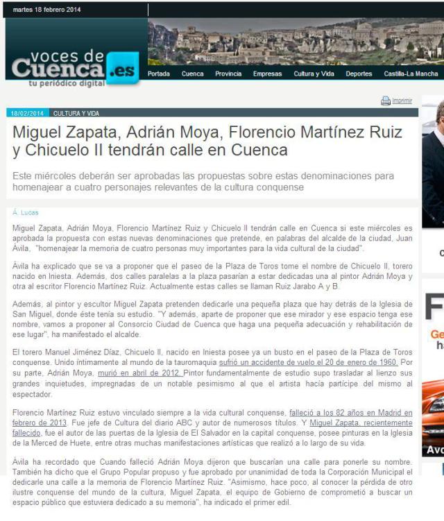 Cuenca tendrá una calle dedicada a  Florencio Martínez Ruiz